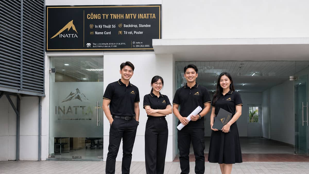 Ảnh chụp tập thể đội ngũ nhân viên xưởng in INATTA đứng trước khu máy in trong xưởng, khoảng tám người gồm thợ in, nhân viên thiết kế và nhân viên tư vấn, tất cả mặc áo thun đồng phục màu xanh navy có logo, tư thế thoải mái tự nhiên đang cười, phía sau là máy in digital và kệ giấy, đèn led trắng sáng đều, chụp ngang tầm mắt toàn thân, ảnh thương mại chân thực, tỉ lệ 16:9